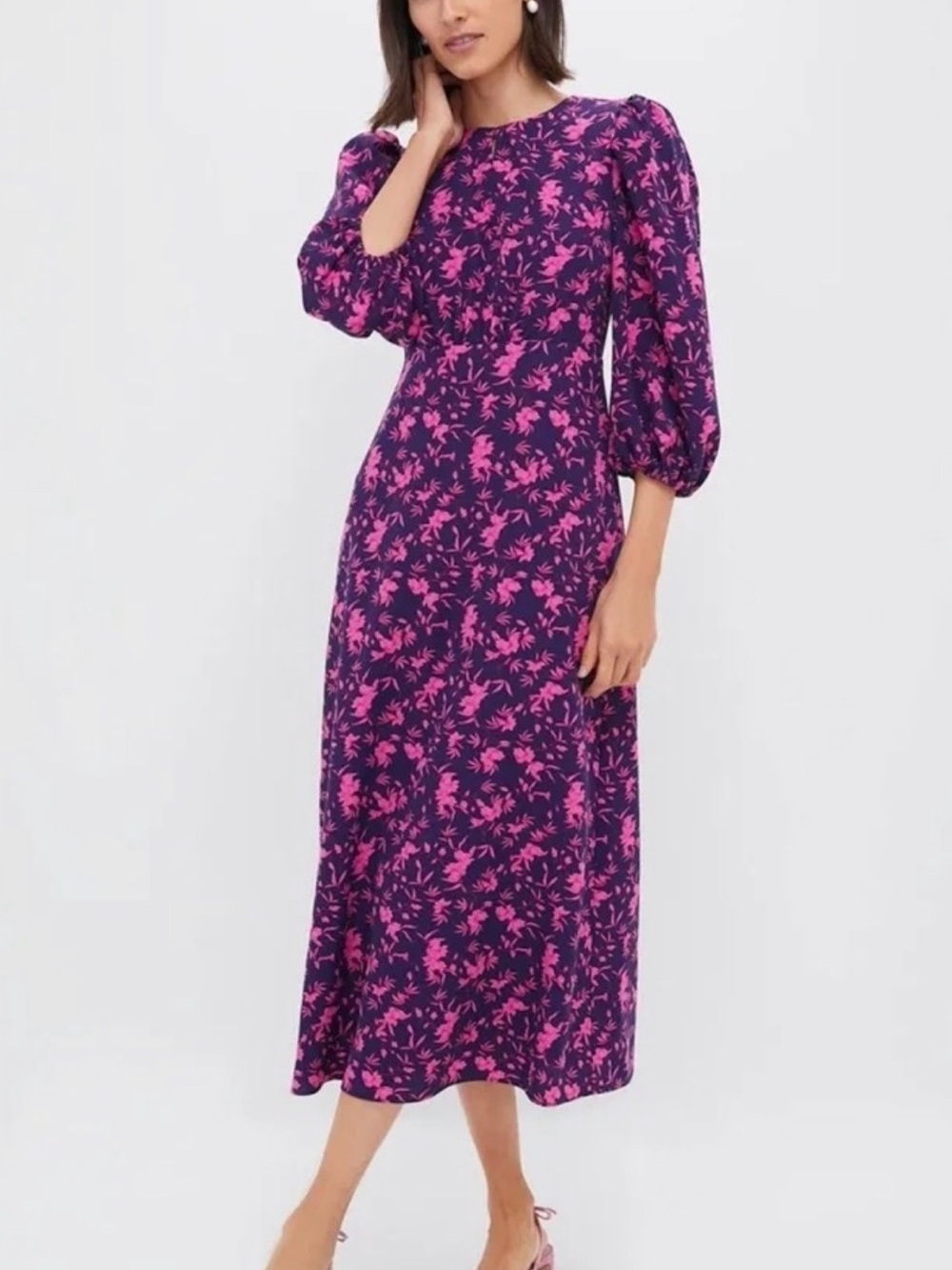 Hyacinth House Women's Purple Midi Dress with Pink Floral Pattern